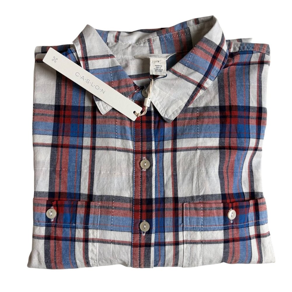 NWT - Caslon Plaid Longline Button-Up Plaid Shirt (Red, White & Blue) - Size S